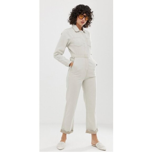 ASOS DESIGN premium denim utility boilersuit in bone white - Picture 1 of 10
